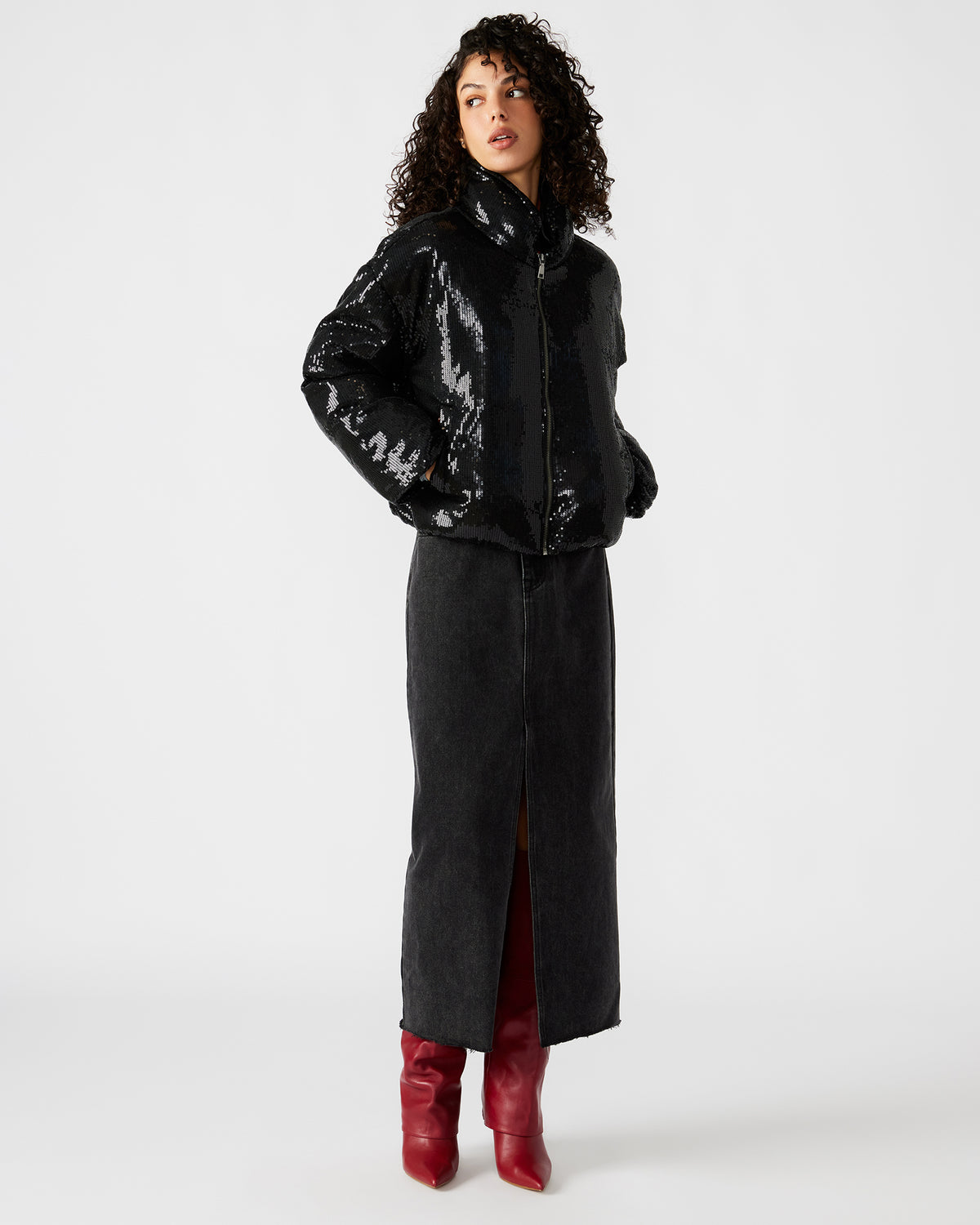 STRATTO Jacket Black | Women's Sequin Long-Sleeved Puffer Jacket - Steve Madden