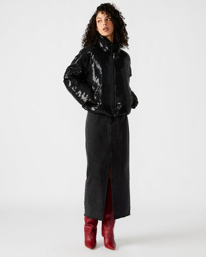 STRATTO Jacket Black | Women's Sequin Long-Sleeved Puffer Jacket - Steve Madden