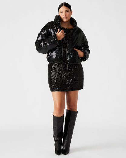 STRATTO Jacket Black | Women's Sequin Long-Sleeved Puffer Jacket - Steve Madden