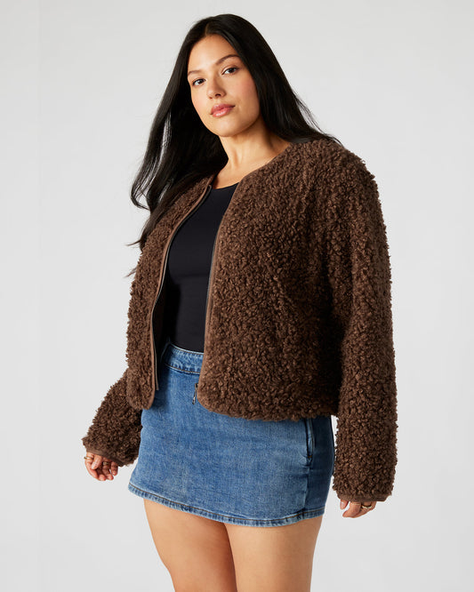 TEDDY Jacket Brown | Women's Collarless Sherpa Jacket - Steve Madden