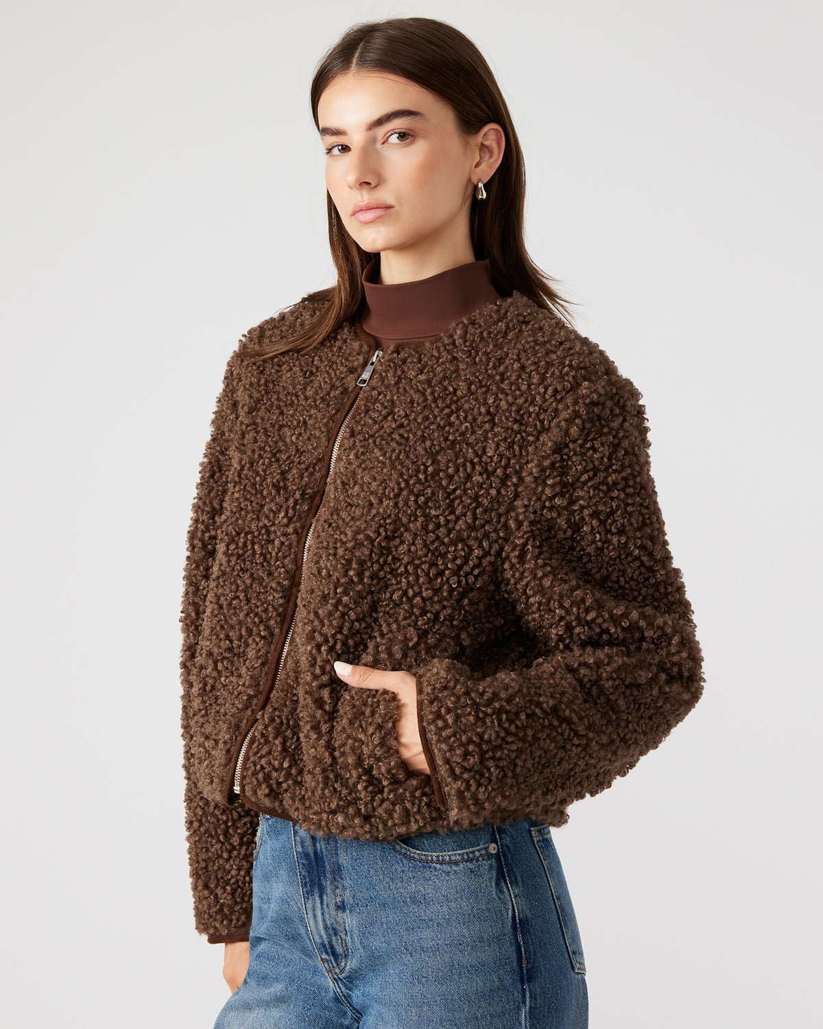 TEDDY Jacket Brown | Women's Collarless Sherpa Jacket - Steve Madden