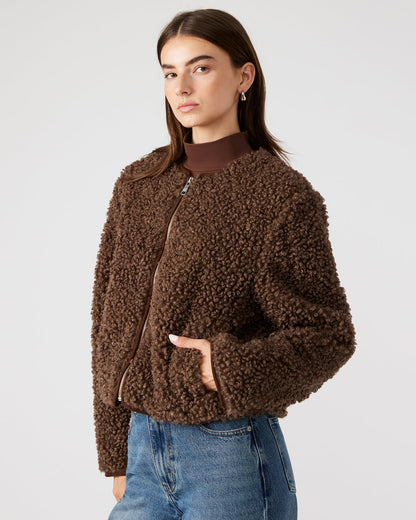 TEDDY Jacket Brown | Women's Collarless Sherpa Jacket - Steve Madden