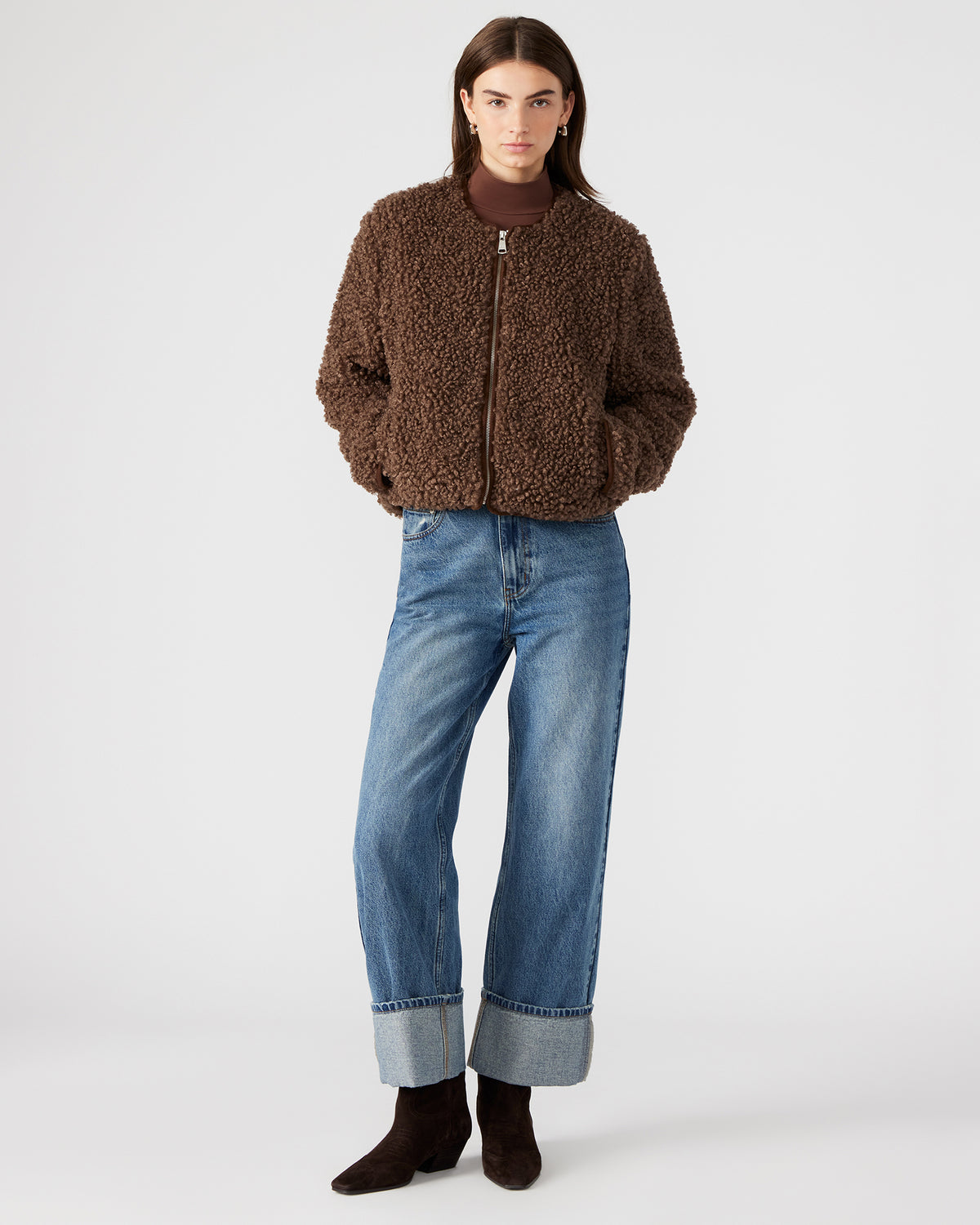 TEDDY Jacket Brown | Women's Collarless Sherpa Jacket - Steve Madden