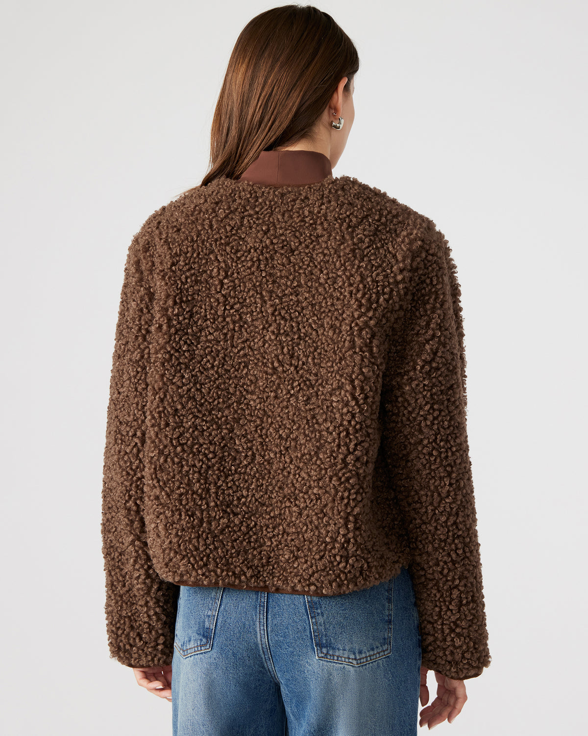 TEDDY Jacket Brown | Women's Collarless Sherpa Jacket - Steve Madden
