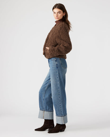 TEDDY Jacket Brown | Women's Collarless Sherpa Jacket - Steve Madden