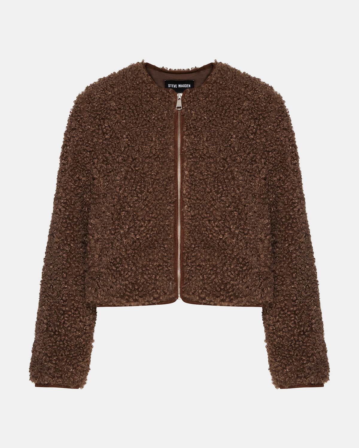 TEDDY Jacket Brown | Women's Collarless Sherpa Jacket - Steve Madden