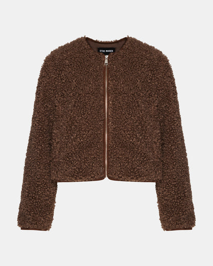 TEDDY Jacket Brown | Women's Collarless Sherpa Jacket - Steve Madden