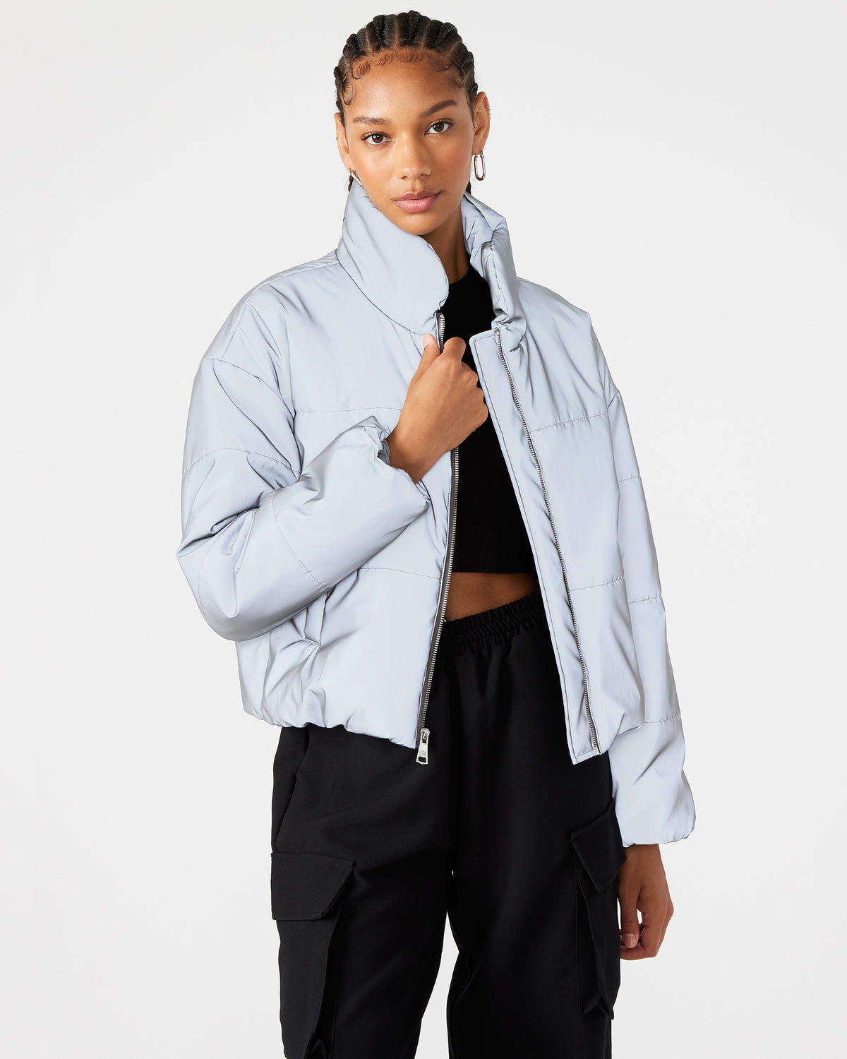 POLAR Jacket Silver | Women's Reflective Nylon Puffer Jacket - Steve Madden