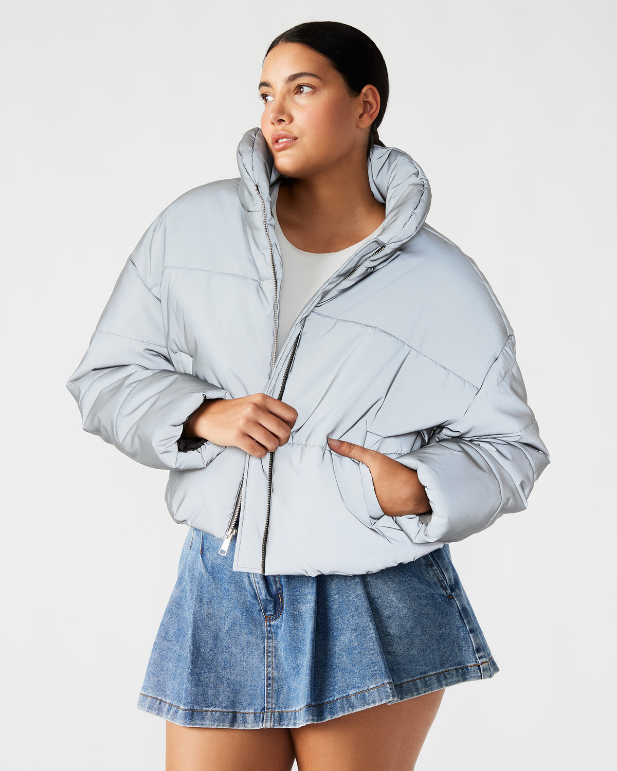 POLAR Jacket Silver | Women's Reflective Nylon Puffer Jacket - Steve Madden