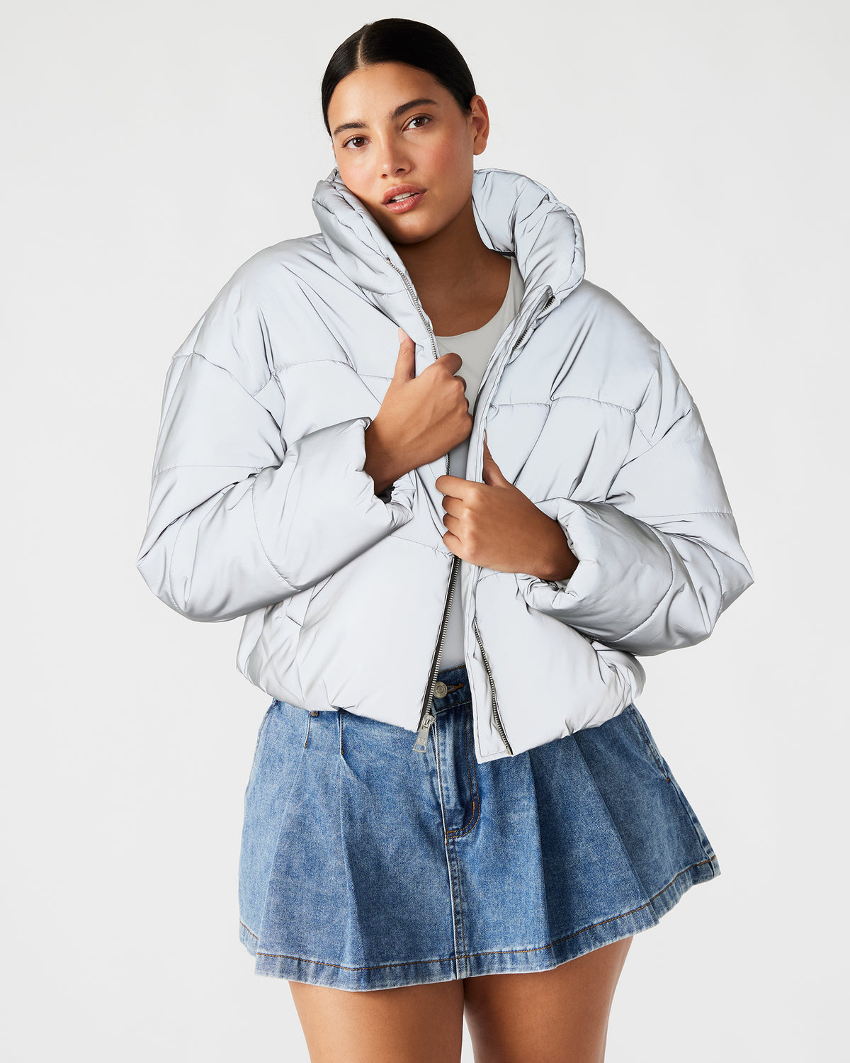 POLAR Jacket Silver | Women's Reflective Nylon Puffer Jacket - Steve Madden