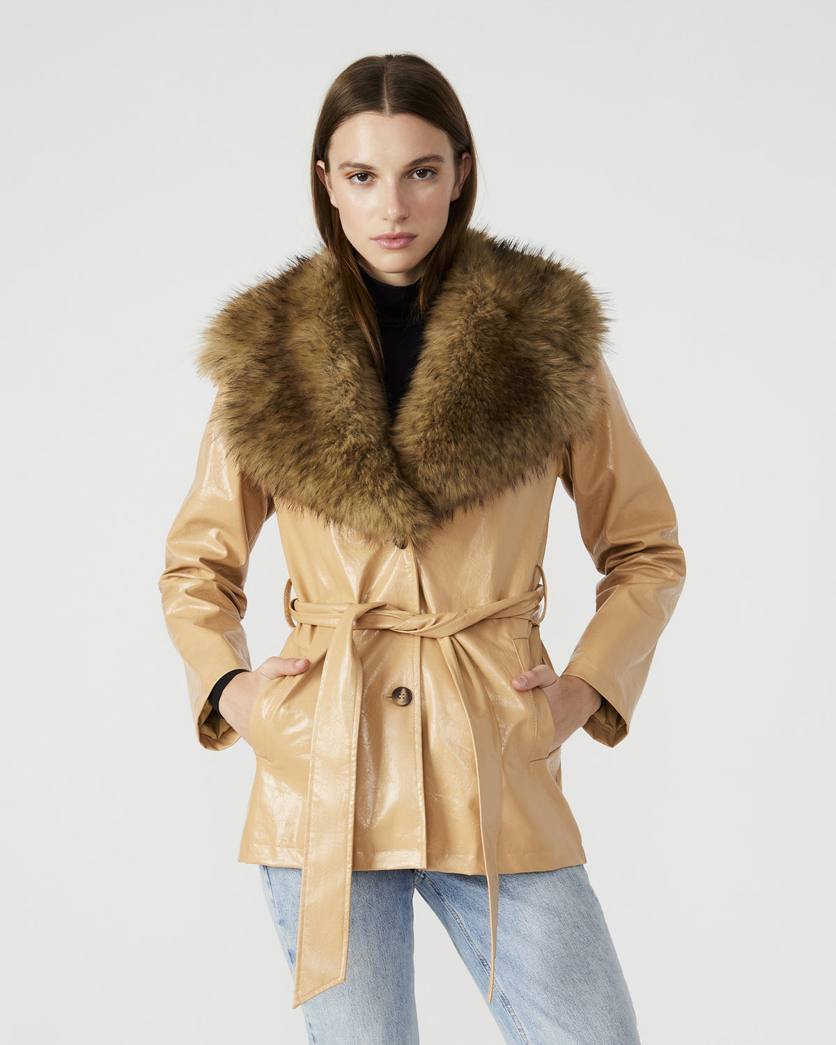 BOWERY Coat Tan | Women's Faux Leather Button-Up Coat - Steve Madden