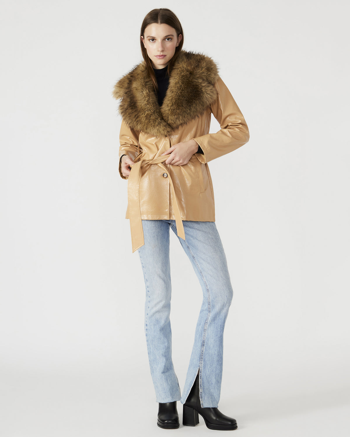 BOWERY Coat Tan | Women's Faux Leather Button-Up Coat - Steve Madden
