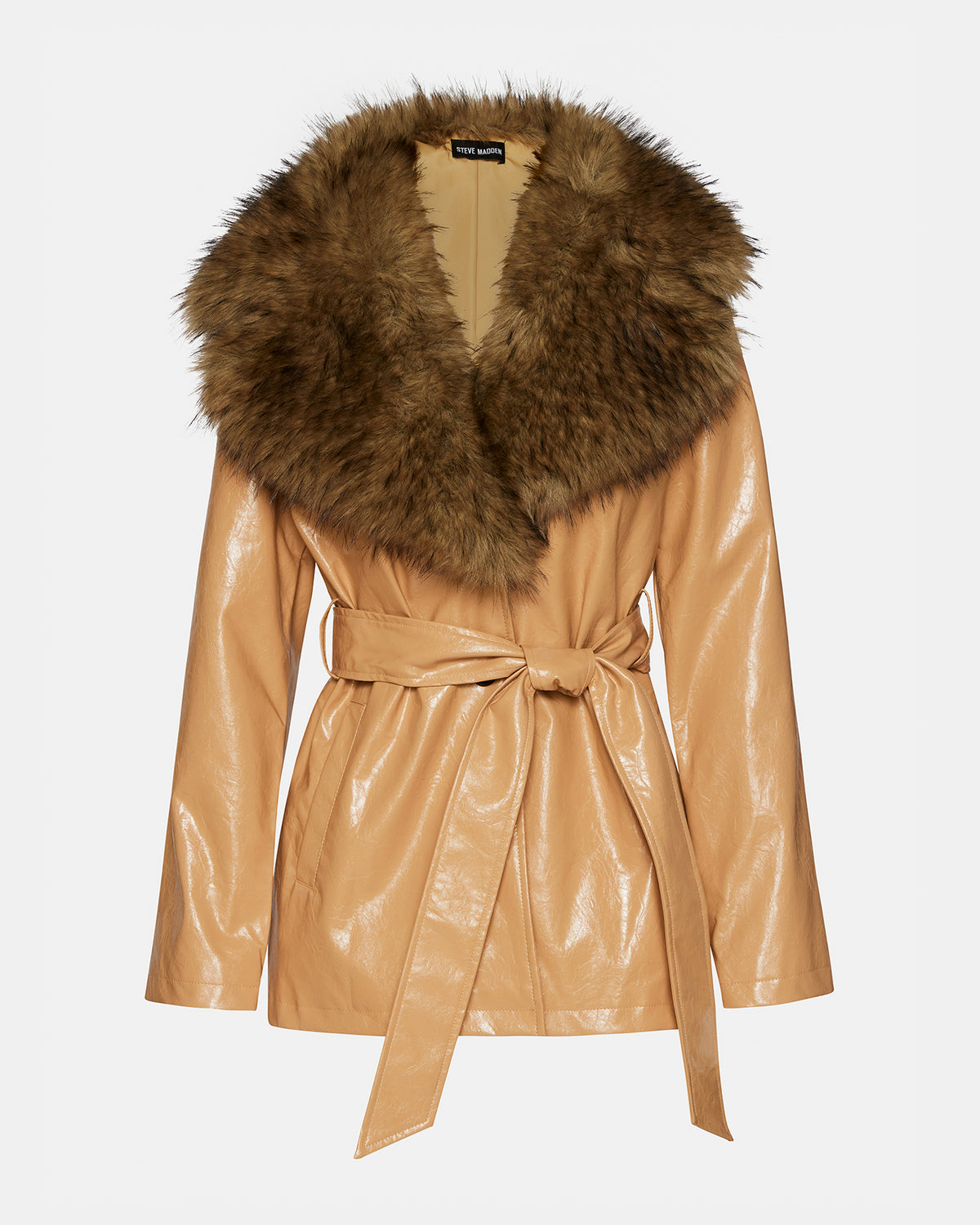 BOWERY Coat Tan | Women's Faux Leather Button-Up Coat - Steve Madden