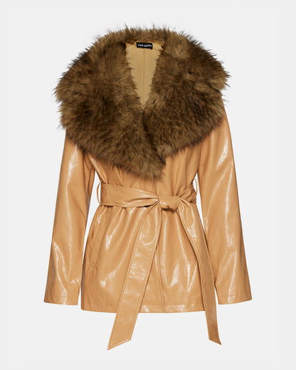 BOWERY Coat Tan | Women's Faux Leather Button-Up Coat - Steve Madden