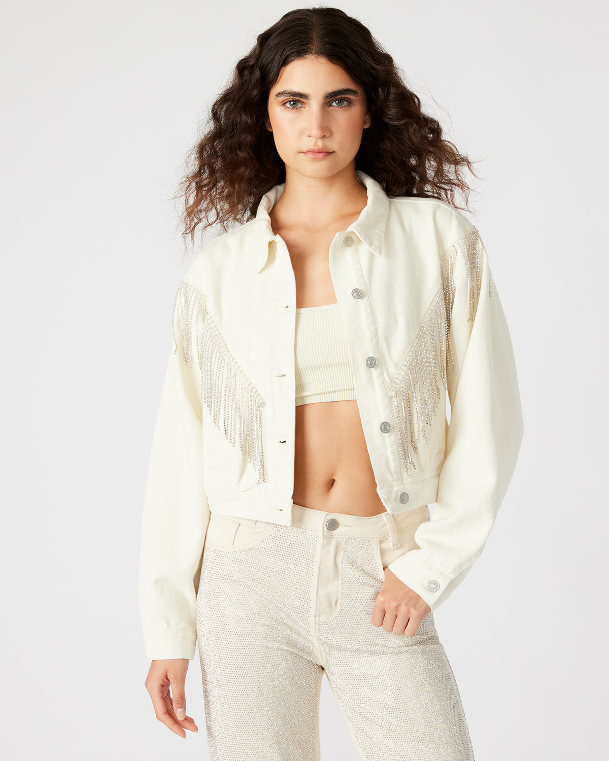 CANYON Denim Jacket Cream | Women's Rhinestone Fringe Jacket - Steve Madden