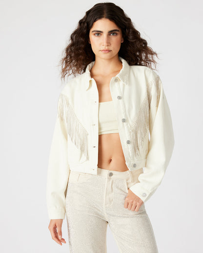 CANYON Denim Jacket Cream | Women's Rhinestone Fringe Jacket - Steve Madden