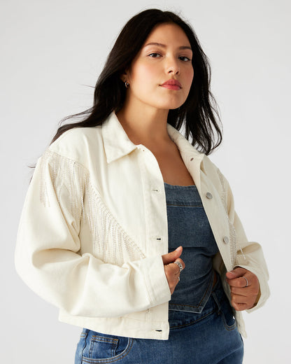 CANYON Denim Jacket Cream | Women's Rhinestone Fringe Jacket - Steve Madden