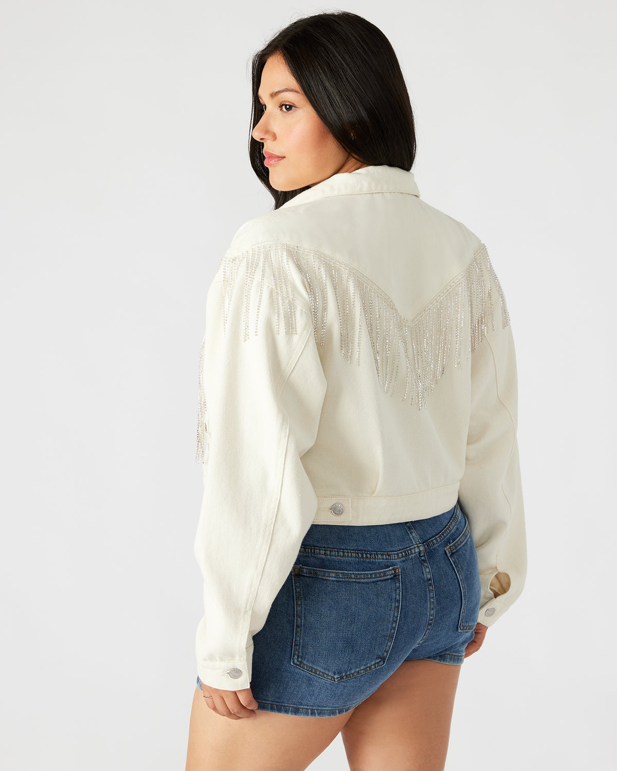 CANYON Denim Jacket Cream | Women's Rhinestone Fringe Jacket - Steve Madden