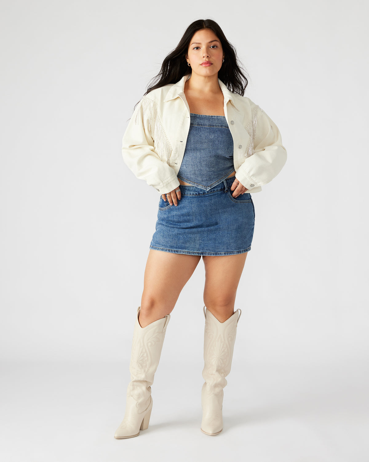 CANYON Denim Jacket Cream | Women's Rhinestone Fringe Jacket - Steve Madden