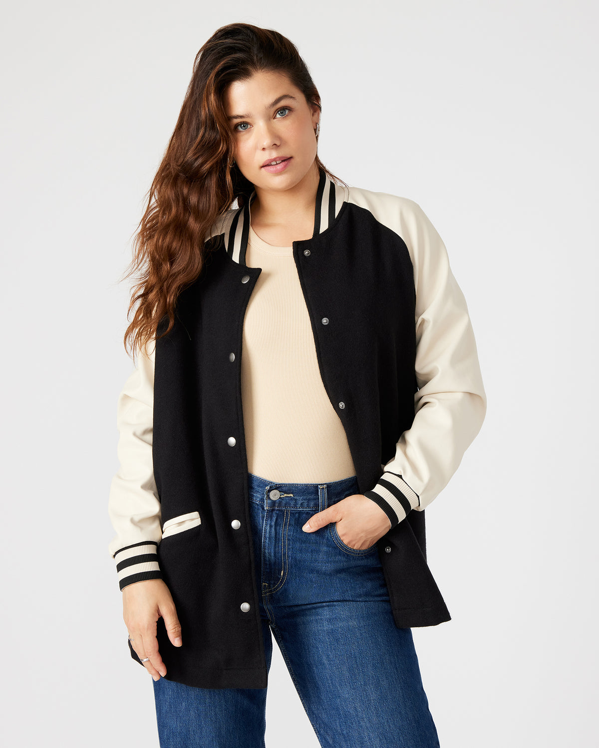 SKYLIE Jacket Black | Women's Varsity Bomber Jacket - Steve Madden
