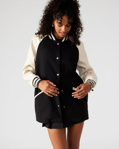 SKYLIE Jacket Black | Women's Varsity Bomber Jacket - Steve Madden