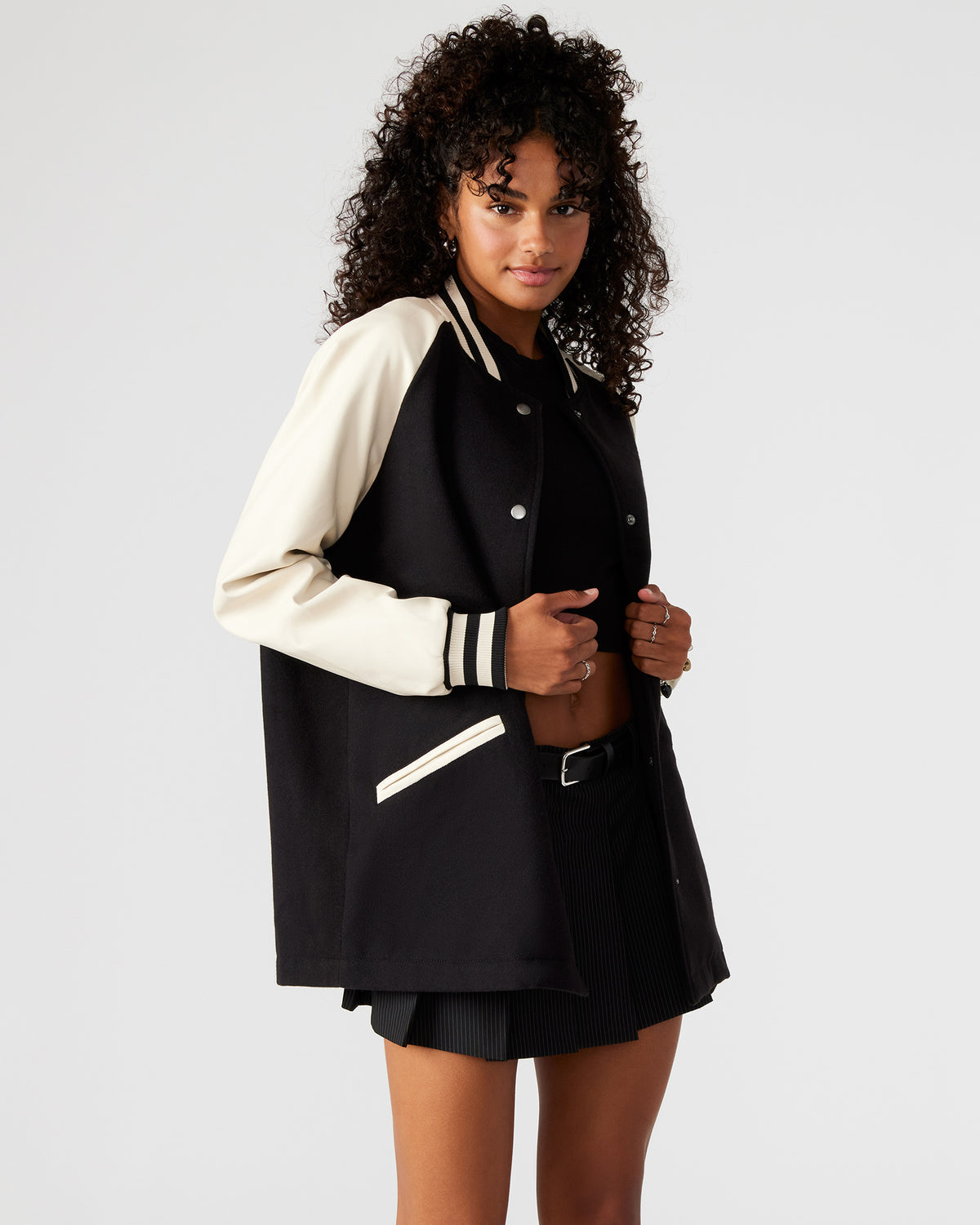 SKYLIE Jacket Black | Women's Varsity Bomber Jacket - Steve Madden