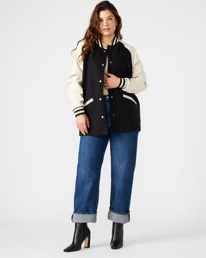 SKYLIE Jacket Black | Women's Varsity Bomber Jacket - Steve Madden