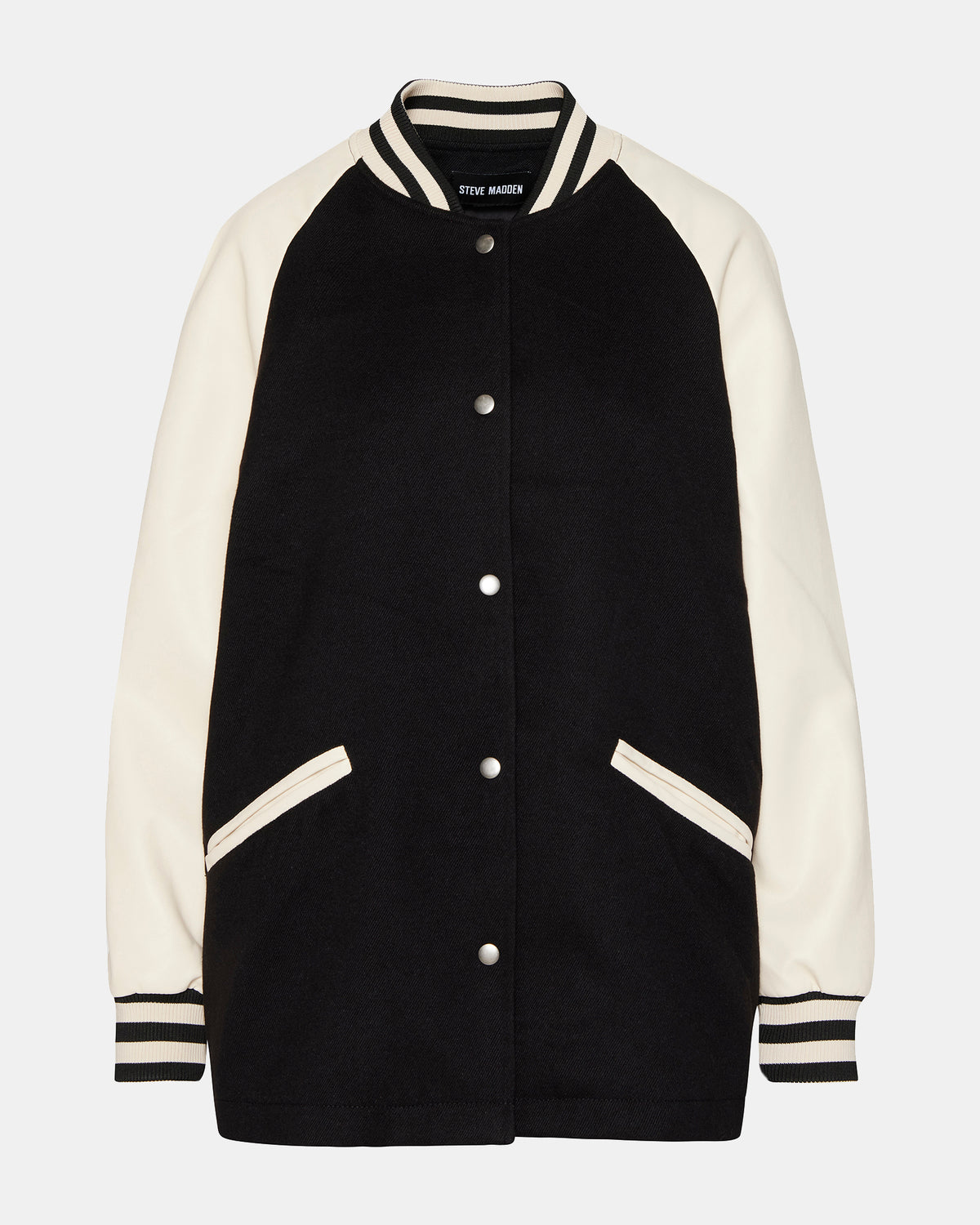 SKYLIE Jacket Black | Women's Varsity Bomber Jacket - Steve Madden
