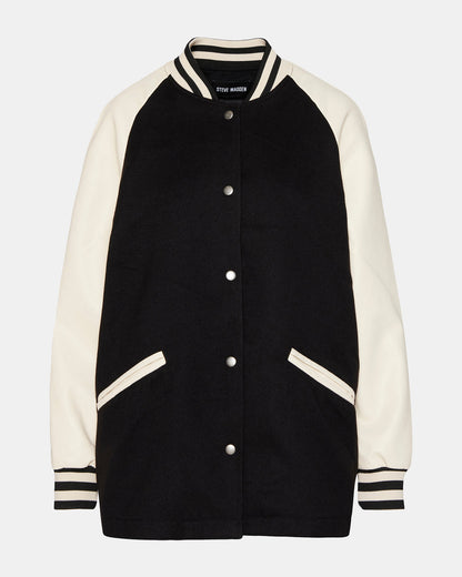 SKYLIE Jacket Black | Women's Varsity Bomber Jacket - Steve Madden