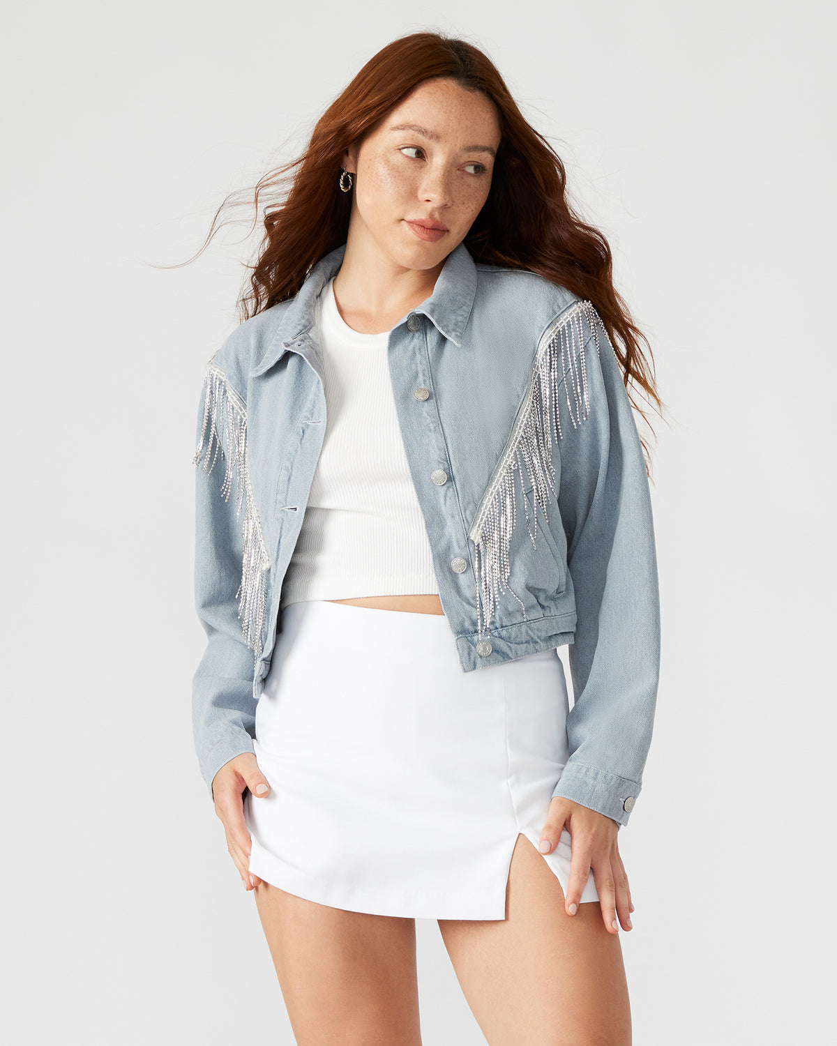 CANYON Denim Jacket | Women's Rhinestone Fringe Jacket - Steve Madden