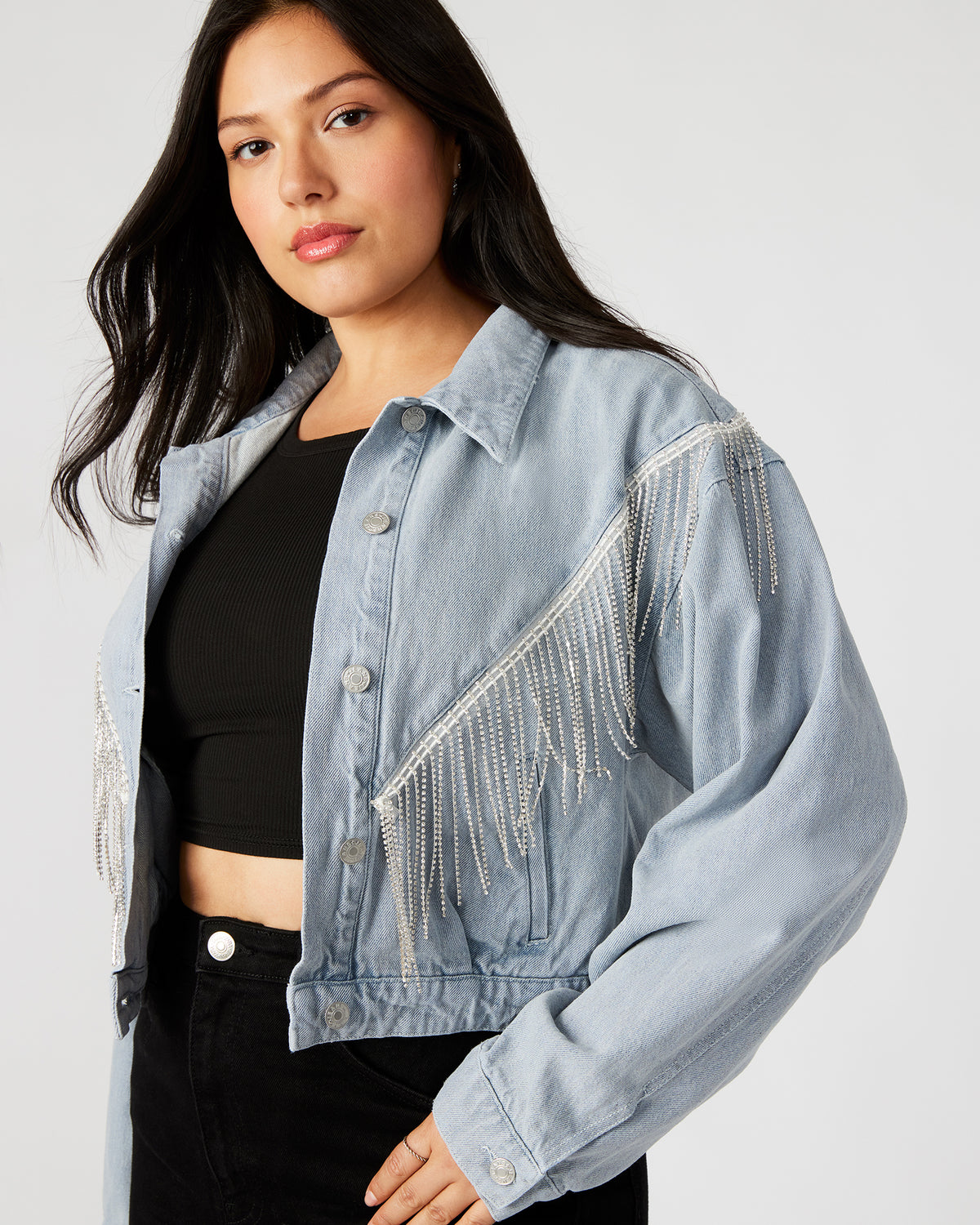 CANYON Denim Jacket | Women's Rhinestone Fringe Jacket - Steve Madden