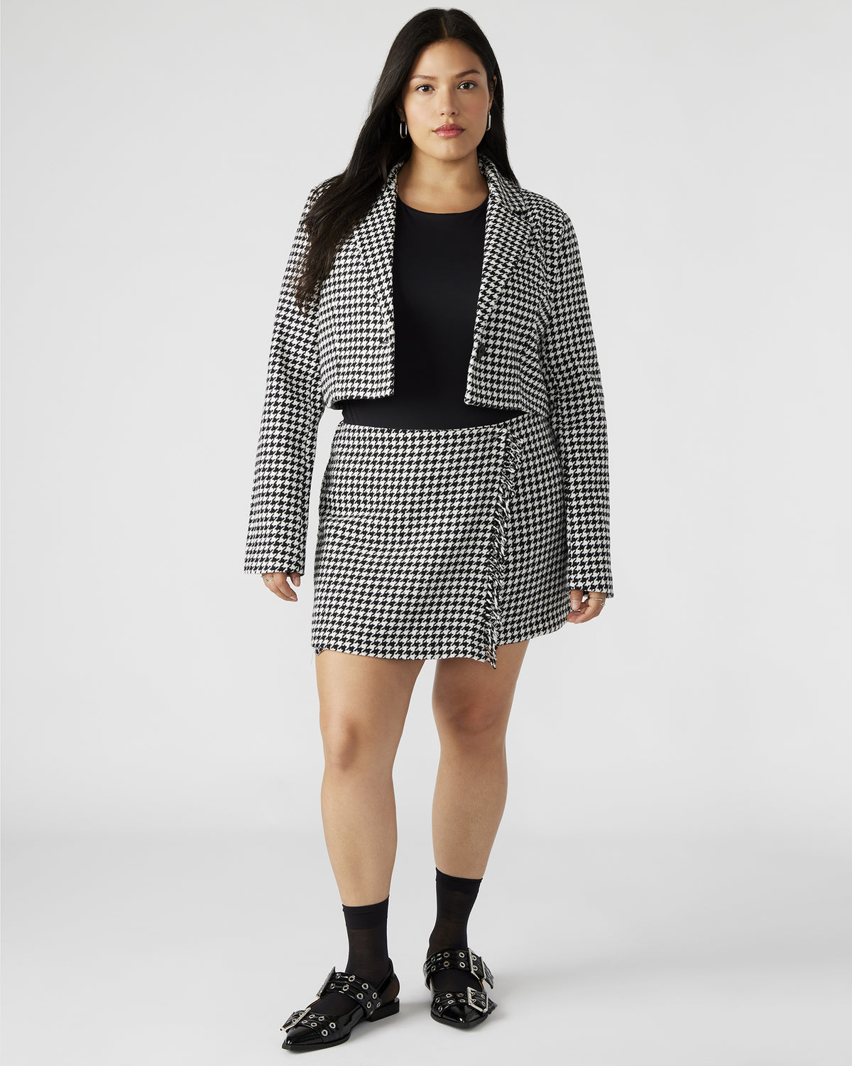 RUPI Blazer Black/White | Women's Cropped Tweed Blazer - Steve Madden
