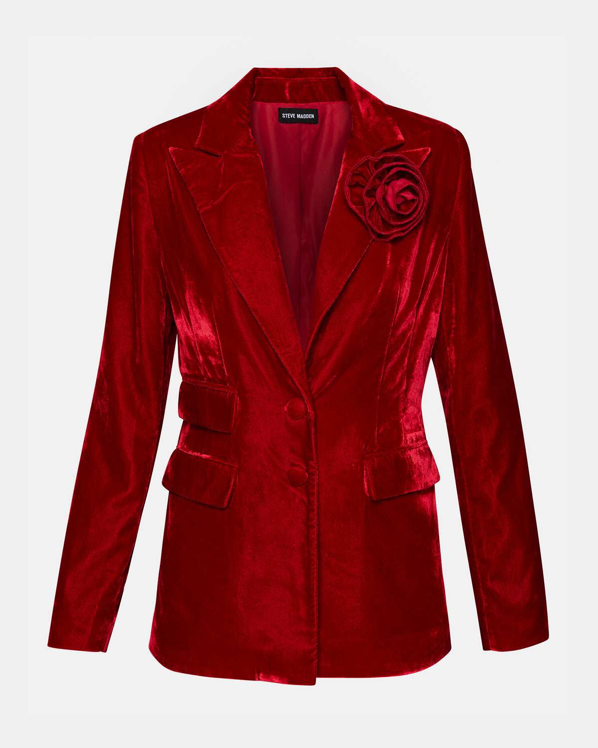 MERENE Blazer Red | Women's Long-Sleeved Button-Up Velvet Blazer - Steve Madden