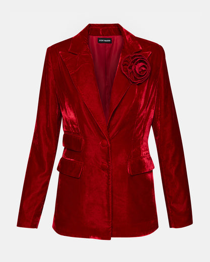 MERENE Blazer Red | Women's Long-Sleeved Button-Up Velvet Blazer - Steve Madden