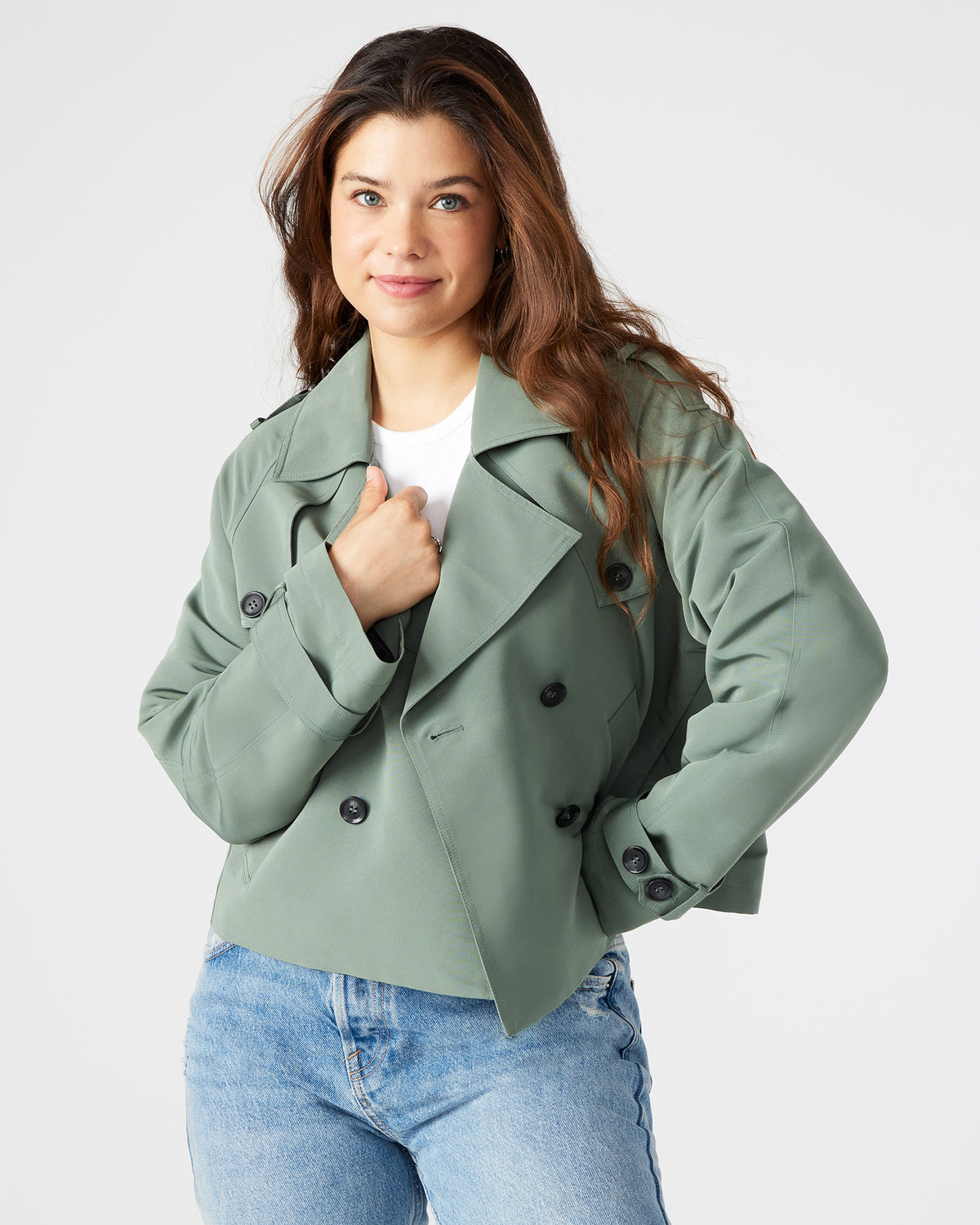SIRUS Light Green Women's Cropped Denim Trench Coat - Steve Madden