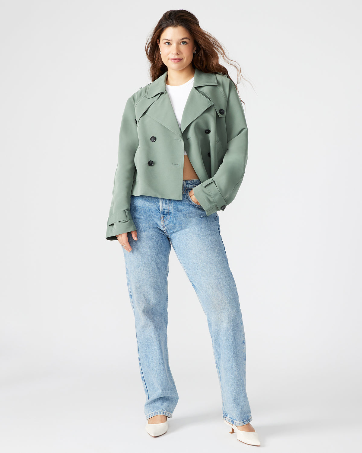 SIRUS Light Green Women's Cropped Denim Trench Coat - Steve Madden