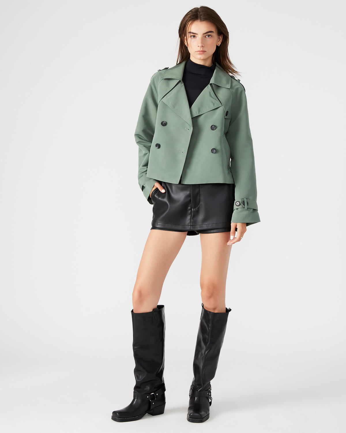 SIRUS Light Green Women's Cropped Denim Trench Coat - Steve Madden