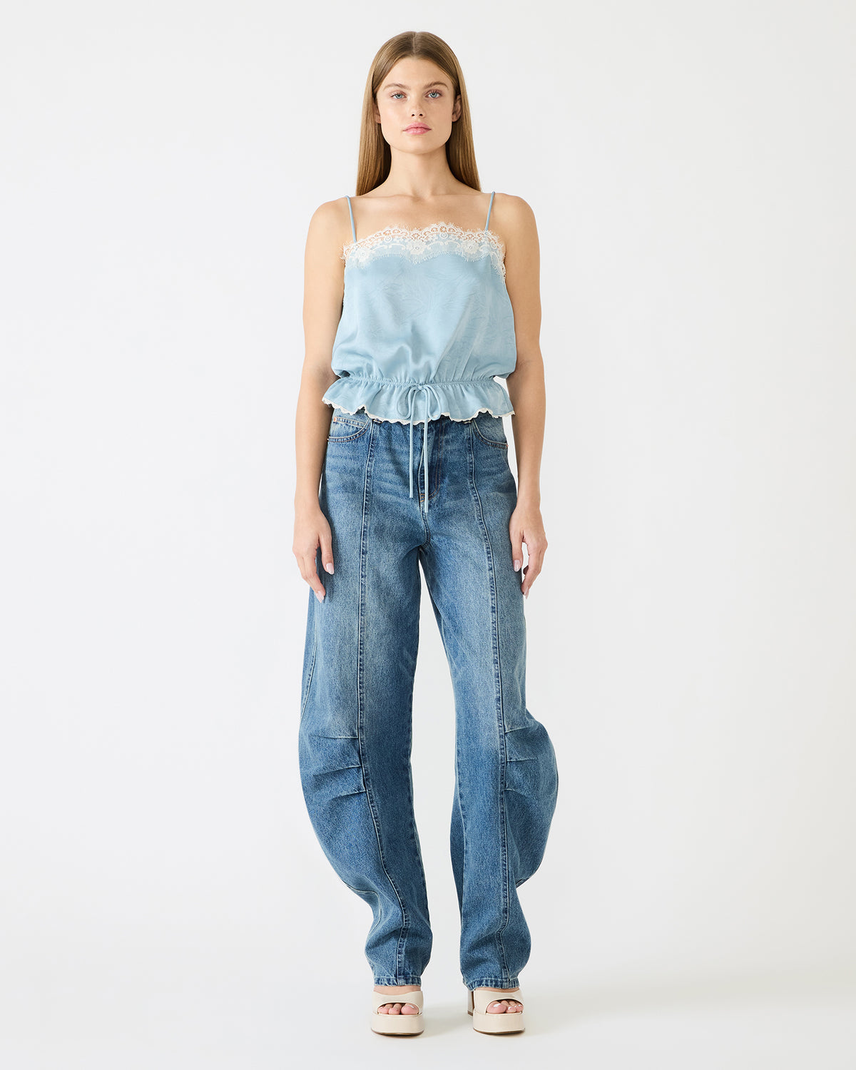 ROAN Dusty Blue Sleeveless Lace Trime Cinched Waist Women's Top - Steve Madden