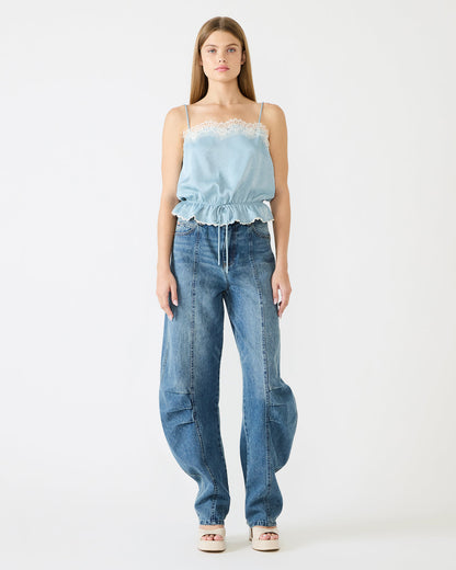 ROAN Dusty Blue Sleeveless Lace Trime Cinched Waist Women's Top - Steve Madden