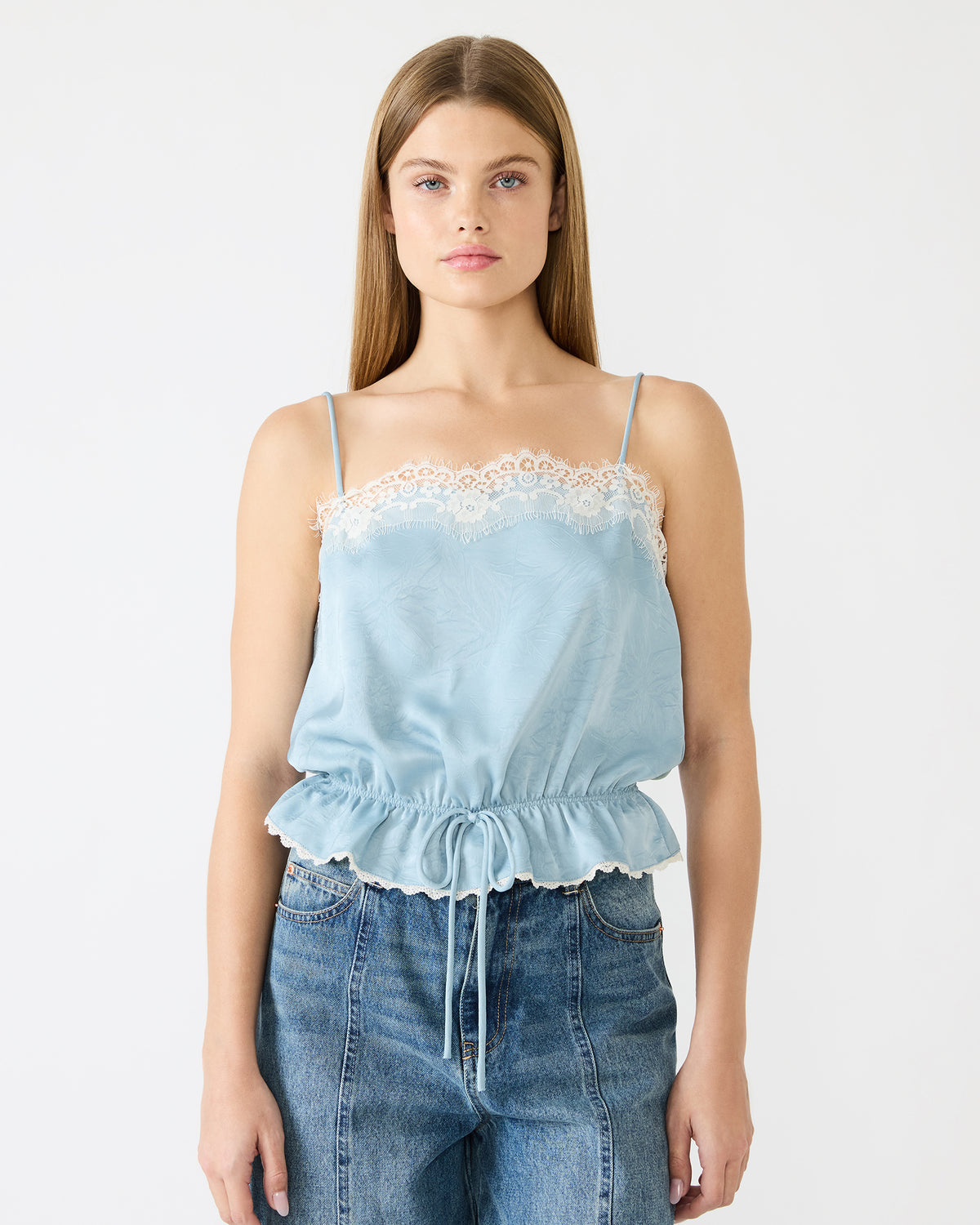 ROAN Dusty Blue Sleeveless Lace Trime Cinched Waist Women's Top - Steve Madden