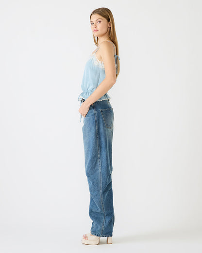 ROAN Dusty Blue Sleeveless Lace Trime Cinched Waist Women's Top - Steve Madden