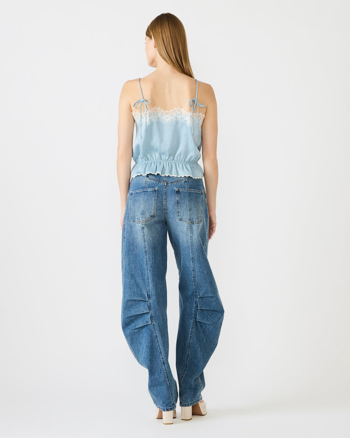 ROAN Dusty Blue Sleeveless Lace Trime Cinched Waist Women's Top - Steve Madden