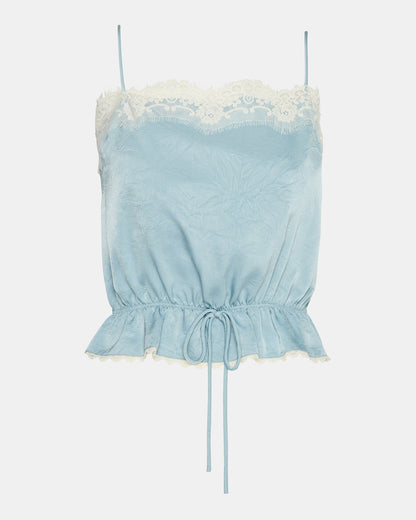 ROAN Dusty Blue Sleeveless Lace Trime Cinched Waist Women's Top - Steve Madden