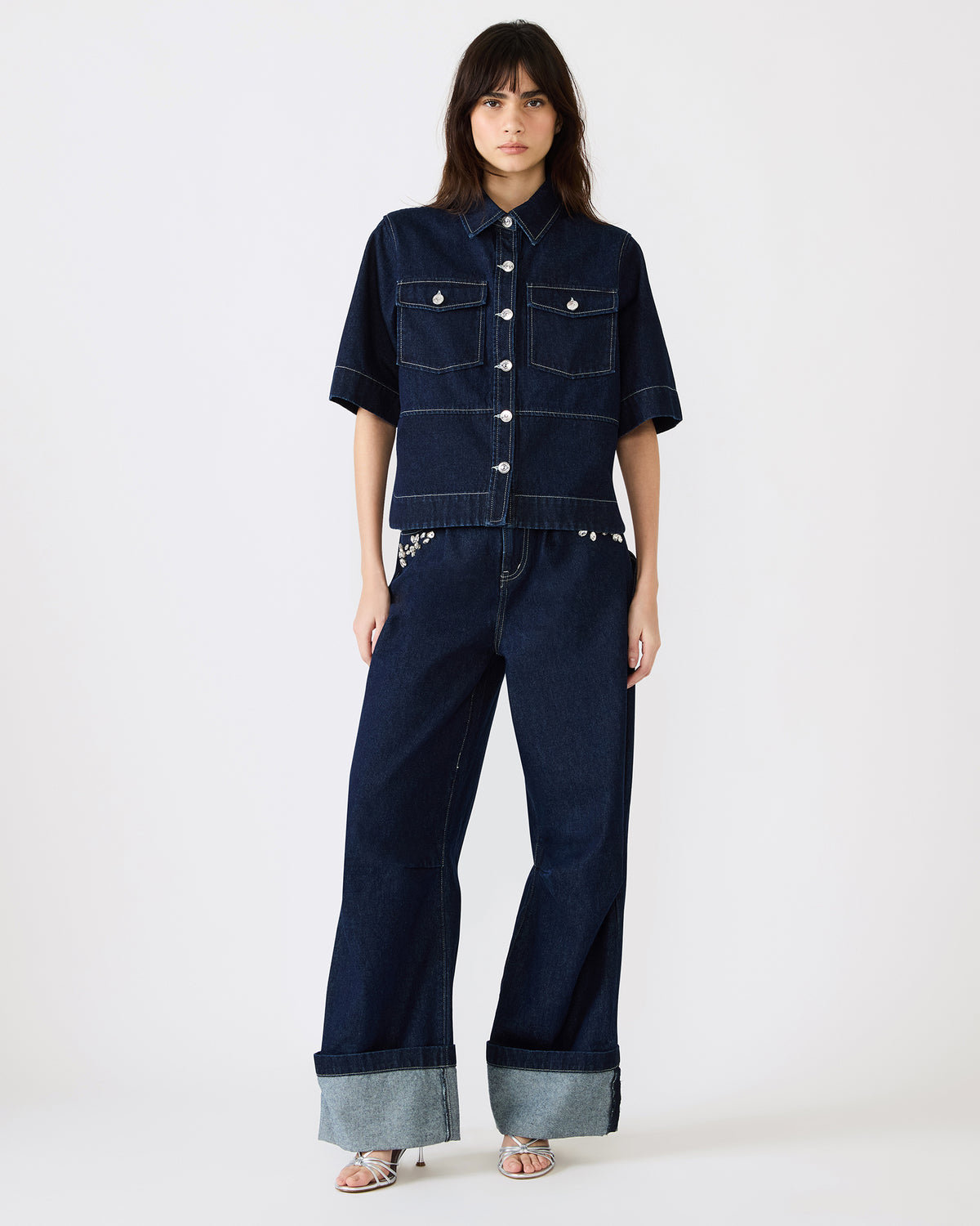 ELIANA Bijou Blue Short-Sleeved Button-Up Denim Women's Top - Steve Madden