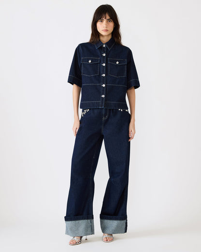 ELIANA Bijou Blue Short-Sleeved Button-Up Denim Women's Top - Steve Madden