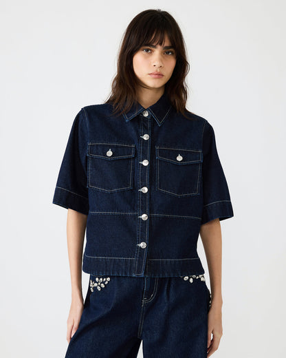 ELIANA Bijou Blue Short-Sleeved Button-Up Denim Women's Top - Steve Madden