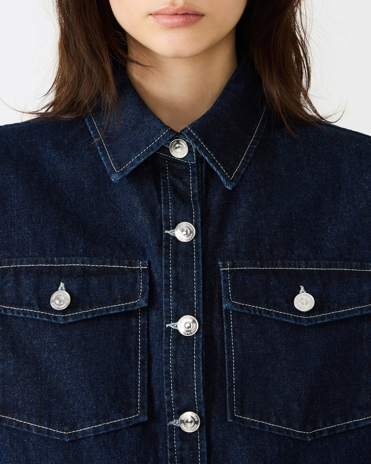 ELIANA Bijou Blue Short-Sleeved Button-Up Denim Women's Top - Steve Madden