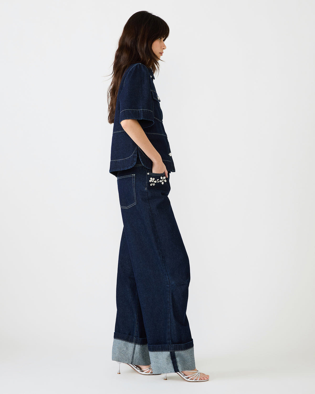 ELIANA Bijou Blue Short-Sleeved Button-Up Denim Women's Top - Steve Madden