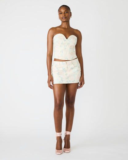 ROSELIA Peach Beige Floral Print Denim Strapless Corset Women's Top - Steve Madden