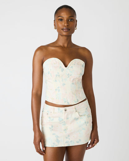 ROSELIA Peach Beige Floral Print Denim Strapless Corset Women's Top - Steve Madden